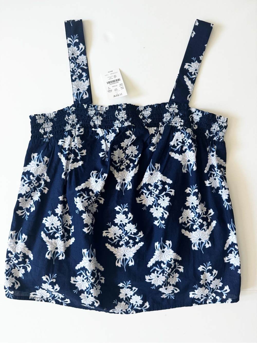 J Crew Block-Print Square Neck Smocked Top, Blue/White, NWT, Women’s Size Small